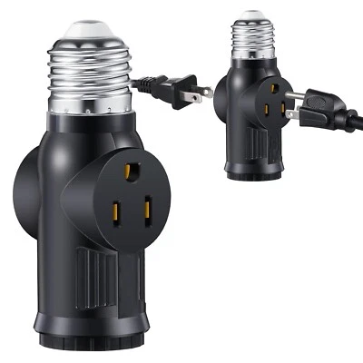 3 Prong Light Bulb Outlet Socket Adapter E26 E27 Light Socket to Plug Adapter - Image 1 of 4