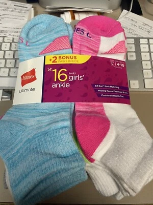 Paquete de 16 pares de calcetines tobilleros acolchados multicolores Hanes Ultimate para niñas talla L 4-10 Foto 1 de 4