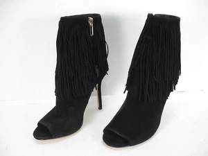 SAM EDELMAN ARIZONA BLACK SUEDE FRINGE PEEP TOE SIDE ZIP HEELS SHOES WOMEN'S 5 M - Picture 1 of 11