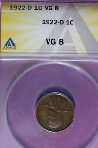 1922 D- ANACS 1C VG8 LINCOLN WHEAT CENT #B47240 - Picture 1 of 2