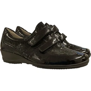 Waldläufer Black Patent Leather Hook & Loop Strap Shoes Wide Fit Women's Flats - Picture 1 of 11