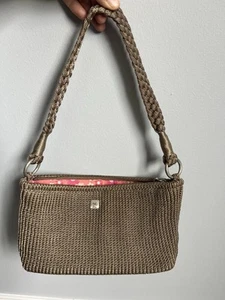 Cute Lina "Amanda" Purse 10”x5” Taupe/Tan Crochet Woven Hand Bag Floral Lining - Picture 1 of 12