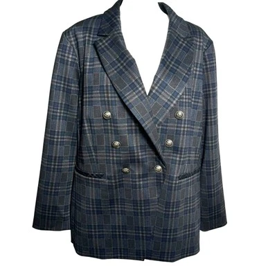 SUSAN GRAVER Women 24 Blue Gray Plaid Blazer Jacket Double Breasted Stretch Work - Image 1 of 4