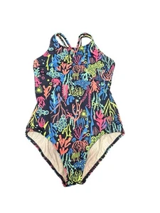 Lands End Girls One Piece UPF 50 Titles Swimsuit Deep Sea Navy Multi Coral 14 - Picture 1 of 6