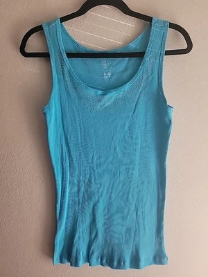 Women's Y2K Beaded Ribbed Tank Top Layering M Turquoise Blue preppy club party - Image 1 of 4