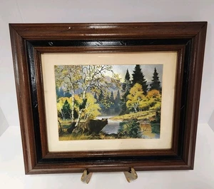 Vintage Foil Print Framed Art Bear Cubs River Forest Scene Rustic Decor - Picture 1 of 5