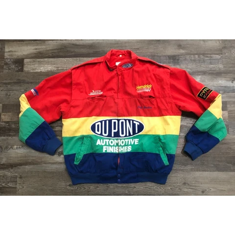 Vintage 90s NASCAR Jeff Gordon Dupont Rainbow Hendrick Jacket Mens XL Cover