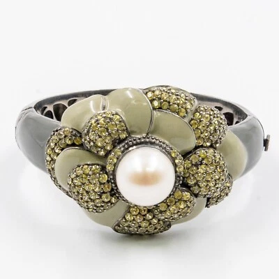 Brazalete de flores de astilla de ley 925 con perlas y zafiro amarillo de 10,19 quilates esmalte gris Foto 1 de 4