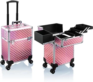 Rolling Makeup Train Case Large Storage Cosmetic Trolley 4 Tray with Sliding Rai - Picture 1 of 8