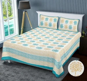King Size Handmade Printed Tree Cotton Bed Sheet With 2 Pillow Cover - Picture 1 of 4