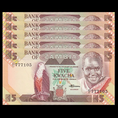 Zambia 5 Kwacha, 1986-1988, Pick#25, Lot of 5 pcs, UNC - Image 1 of 2