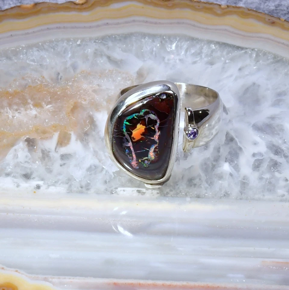 Boulder Opal Ring, 925er Silber, Edelsteinring (23542), mit Brillant - Bild 1 von 1