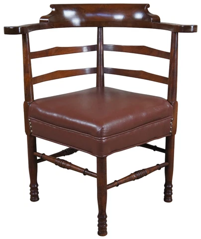Antique English Country Mahogany Ladderback Roundabout  Corner Arm Chair Seat Cover