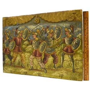 Antigua PINTURA DE ARTE POPULAR del siglo XIX sobre MADERA TALLADA RESCATADA del siglo XVII ¿Caballeros españoles? - Imagen 1 de 11