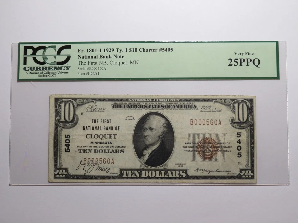 $10 1929 Cloquet Minnesota MN National Currency Bank Note Bill #5405 VF25 PCGS - Image 1 of 4
