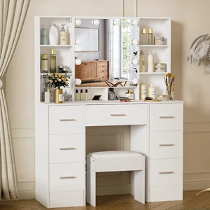 Makeup Vanity with Lights, Large Vanity Stool Set with 7 Drawer & Opened Mirror - Picture 1 of 10