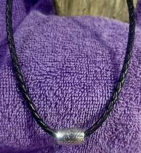 Vtg Blk Braided Leather Necklace w/925 Slide & Ends, 16-18”, 15.3gr - Picture 1 of 6