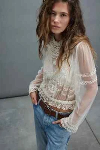 FREE PEOPLE FOREVER ROMANCE BLUSE TOP SPITZE TRANSPARENT XS UVP 198 $ MARSHMALLOW - Bild 1 von 9