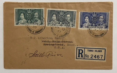 1937 TURKS & CAICOS REGISTERED BRITISH CORONATION COVER 3 STAMPS SET SON CANCELS Cover