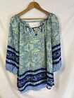 Misia Top Light weight Floral Pattern 3/4 sleeve turquoise blue green sz Large