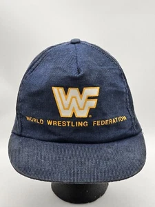 Vintage 80s WWF World Wrestling Federation Corduroy Snapback Hat Cap Blue Yellow - Picture 1 of 10