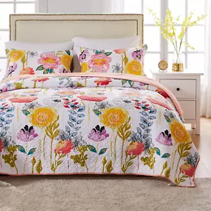 King Quilt Set Floral Spring Flowers Bright Colorful Boho Modern Bedspread 3Pc - Picture 1 of 8