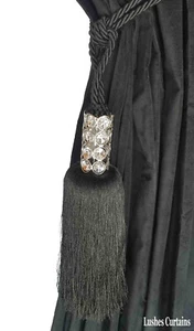 Black Crystal Bead Top Window Curtain Drapery Tassel Rope/Cord Tie Back Holdback - Picture 1 of 4