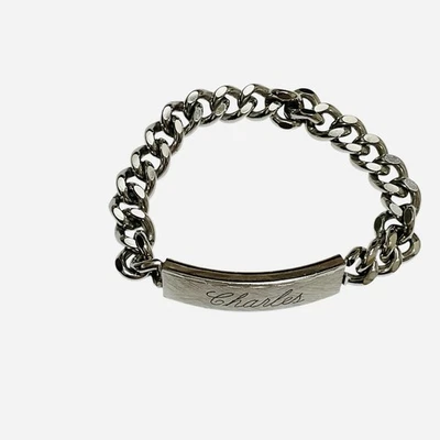 1942 Mens ID Bracelet Charles Engraved Back Vintage Sterling Shield & Steel 43g - Image 1 of 4