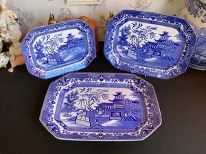 3 Vintage Burleigh Blue Willow Pattern Trio of Graduated Platters - Picture 1 of 15