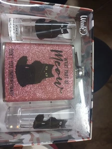 Wink Hip Flask Shot Glass Set Hot Pink Glitter Black Cat What Part Of Meow New - Picture 1 of 2