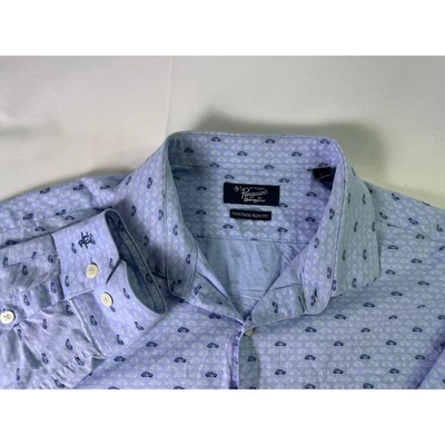 Penguin Heritage Slim Fit Button Up Blue Car Print Dress Shirt Size 16.5 Mens - Image 1 of 4