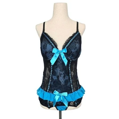 Lencería Sexy 34B Babydoll Negro Azul Aqua Chemise Transparente 36B S/M Y2k Corsé Sujetador Foto 1 de 4