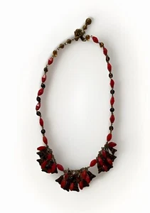 Vintage Signed Miriam Haskell Czech Glass Red & Brown Bead Necklace - Picture 1 of 11