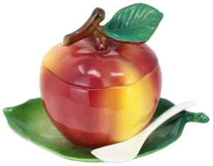 INARCO CERAMIC APPLE PEACH FRUIT JELLY CONDIMENT JAR WITH SPOON - Picture 1 of 10