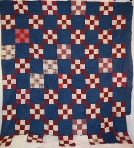 3812 Antik 1880-90er Jahre 9 Patch Quilt Top, wunderschön blau und rot - Bild 1 von 11