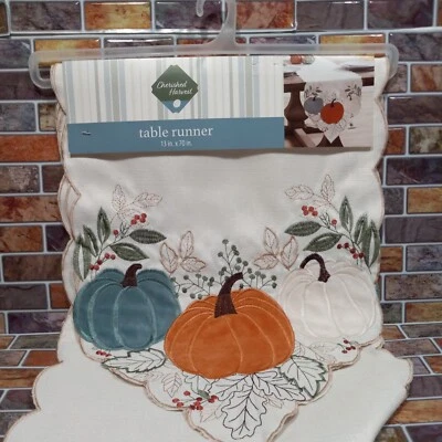 Cherished Harvest Embroidered Pumpkin & Leaves Table Runner  13"×70" - Image 1 of 4