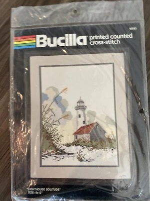 VTG Bucilla Needlepoint Printed Counted Cross Stitch Lighthouse Solitude 9x12 - Image 1 of 2