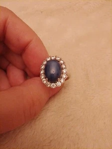 Beautiful Silver S925+Blue Oval Cabachon Star Sapphire 10ct+Halo Adjustable - Picture 1 of 6