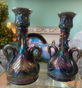 Vintage Fenton Carnival Glass Amethyst Swan Candlesticks (2) - Picture 1 of 10