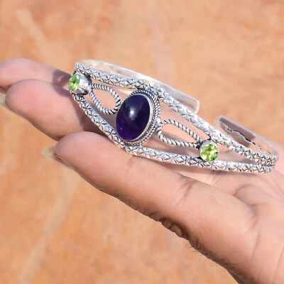 Purple Amethyst & Peridot Cut Gemstone 925 Sterling Silver Bangle Cuff Jewelry - Image 1 of 4