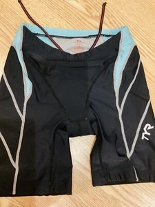 TYR Triathlon Tri Shorts Womens Small Black Blue Competitor 8 Inch pocket padded - Picture 1 of 13