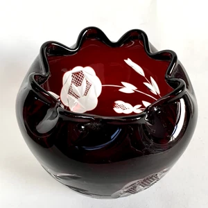 Ruby Red Bowl Cut Glass Rose Blown Vase Vintage Czech Bohemian Art - Picture 1 of 11