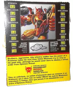 Transformers Beast Wars 1995 RAZORBEAST File Card Tech Specs Canada 1996 - Picture 1 of 1