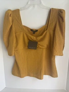 Marc New York Andrew Marc Yellow Short Sleeve Square Neck Stretch Top Size L NWT - Picture 1 of 11