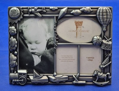 Marco de fotos trasero caballete de peltre Connoisseur bebé 4 aberturas 9x7" SIN USAR Foto 1 de 4