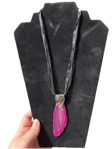 Artisan Necklace Huge Magenta Agate Slice Pendant Black Ribbon Strand - Picture 1 of 5
