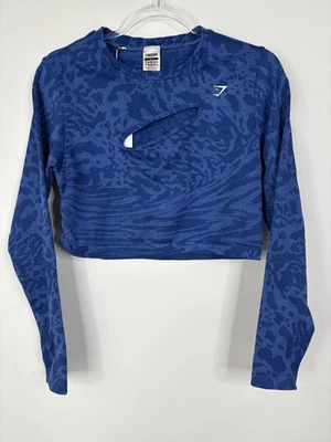 Gymshark Crop Top 无痕长袖身体贴合蓝色迷彩运动全新带标签 — 第 1/4 张图片