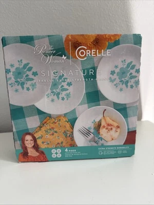 The Pioneer Woman Corelle Appetizer Plate Set Evie Blue Whit 4 Piece NEW Floral - Image 1 of 4