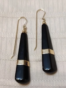 14 Karat schwarzer Onyx Ohrhänger Fisch Haken Ohrringe Gelbgold - Bild 1 von 5