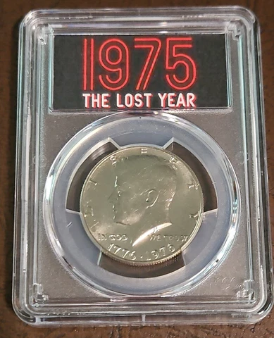1976 D (1975) Kennedy Half Dollar PCGS Brilliant UNC Rare "The Lost Year" Label Cover